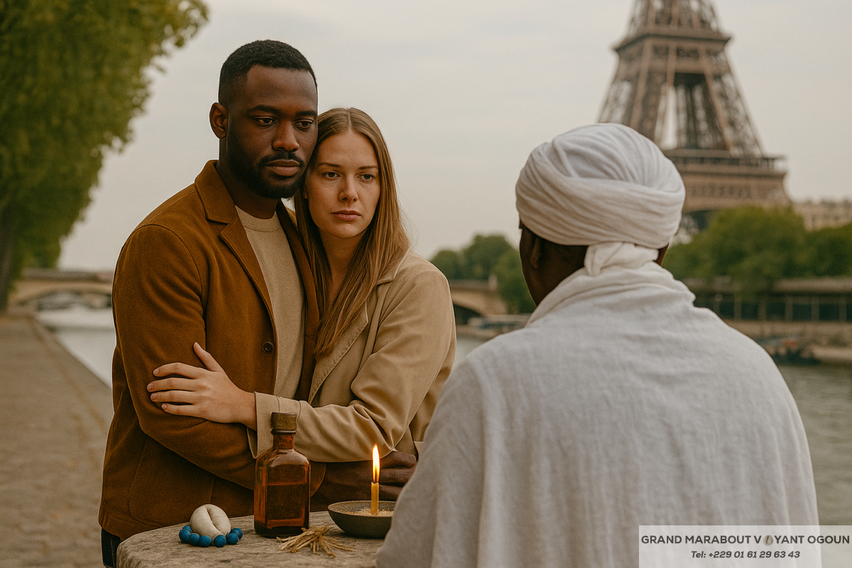 Couple se réconciliant à Paris – rituel retour affectif avec marabout
