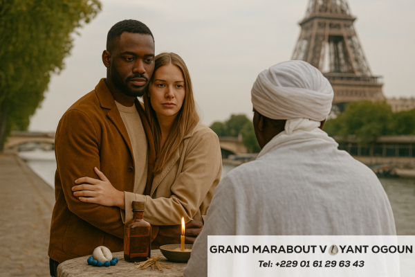 Couple se réconciliant à Paris – rituel retour affectif avec marabout