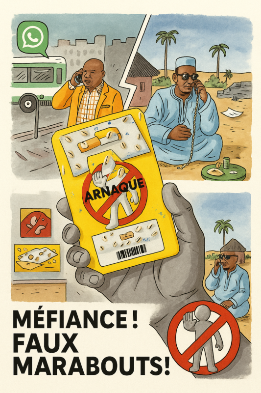 Illustration de prévention contre les faux marabouts et arnaques en ligne via WhatsApp avec mise en garde sur les consultations spirituelles frauduleuses.